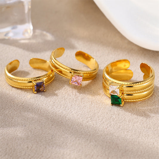 18k Yellow Gold-plated Square Cubic Zirconia Solitaire Band Ring