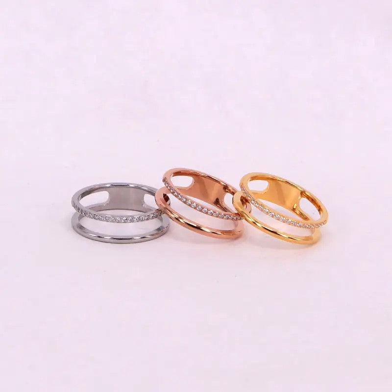 Double Band CZ Titanium Gold Plated Ring - Gold, Silver or Rose Gold