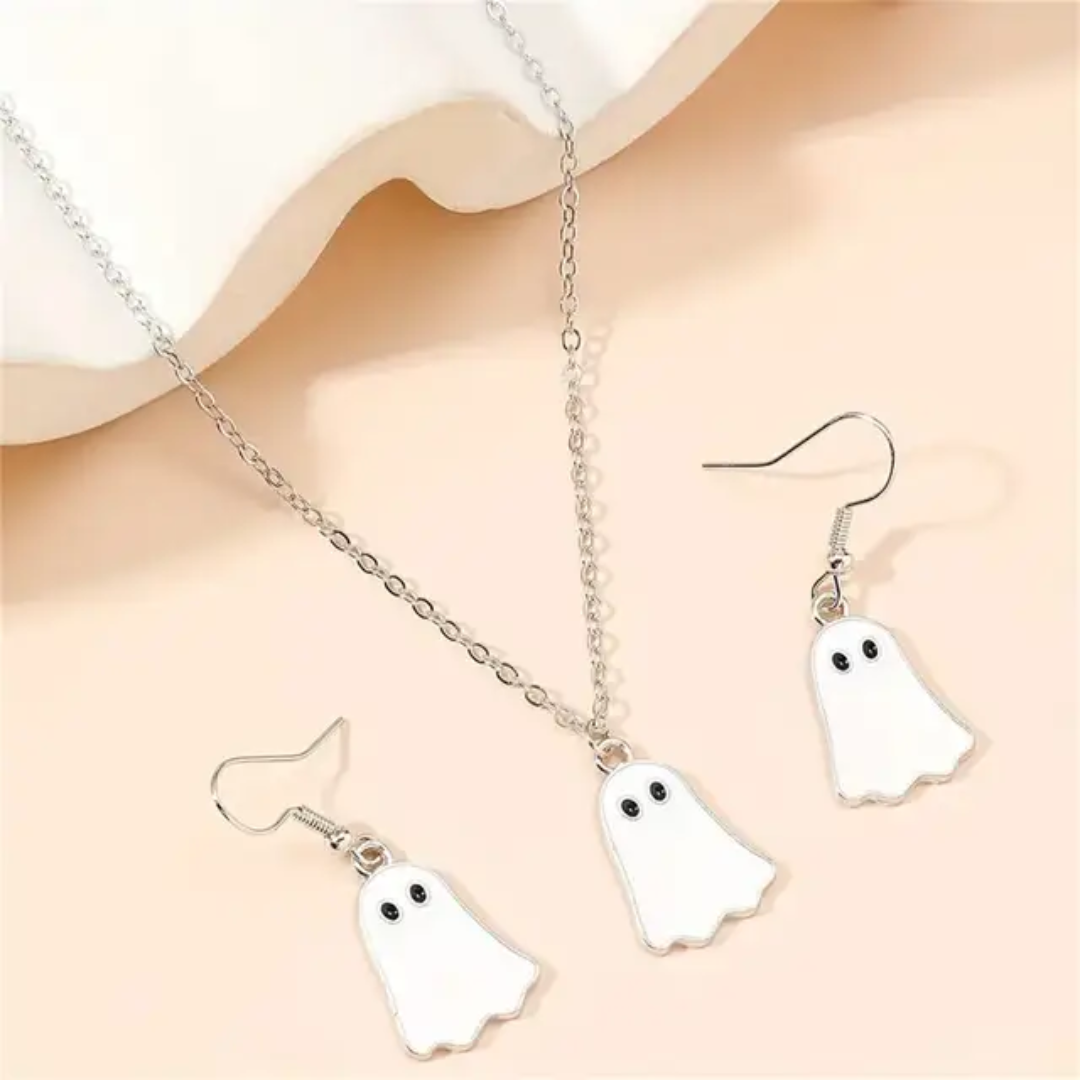 Stainless Steel Ghost Necklace and Earrings Set (black or white)
