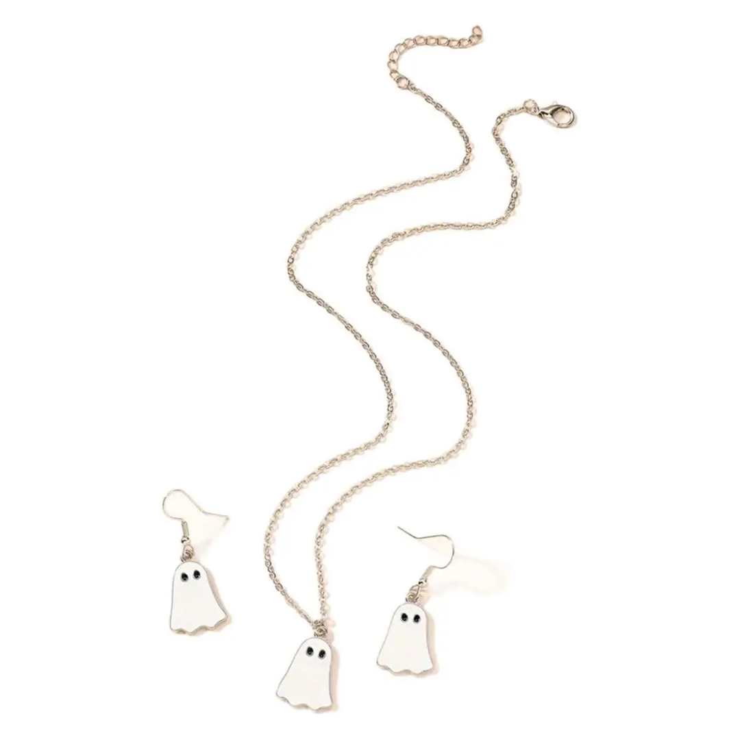 Stainless Steel Ghost Necklace and Earrings Set (black or white)