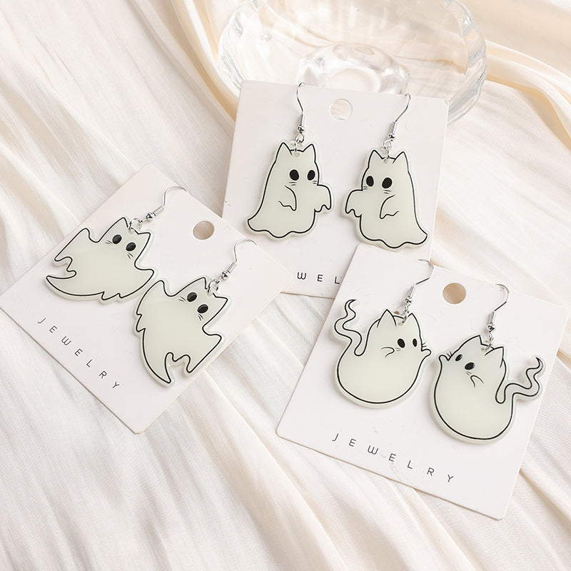 Glow-in-the-Dark Ghost Cat Halloween Earrings