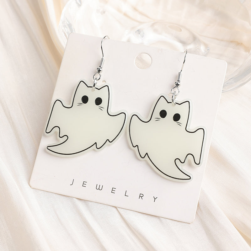 Glow-in-the-Dark Ghost Cat Halloween Earrings