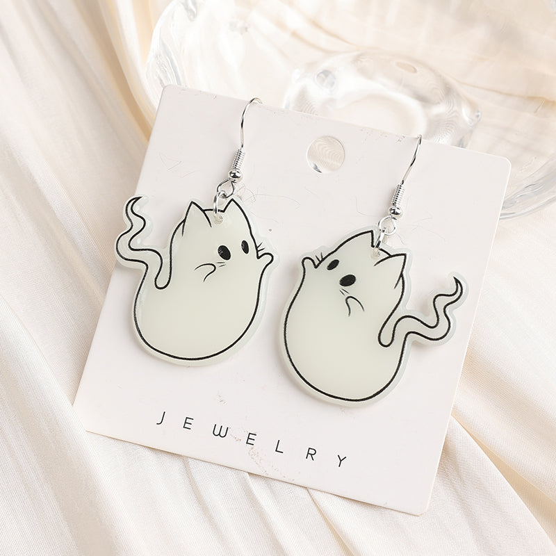 Glow-in-the-Dark Ghost Cat Halloween Earrings