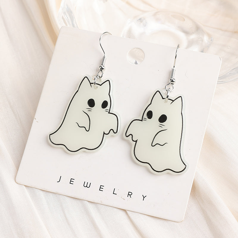 Glow-in-the-Dark Ghost Cat Halloween Earrings