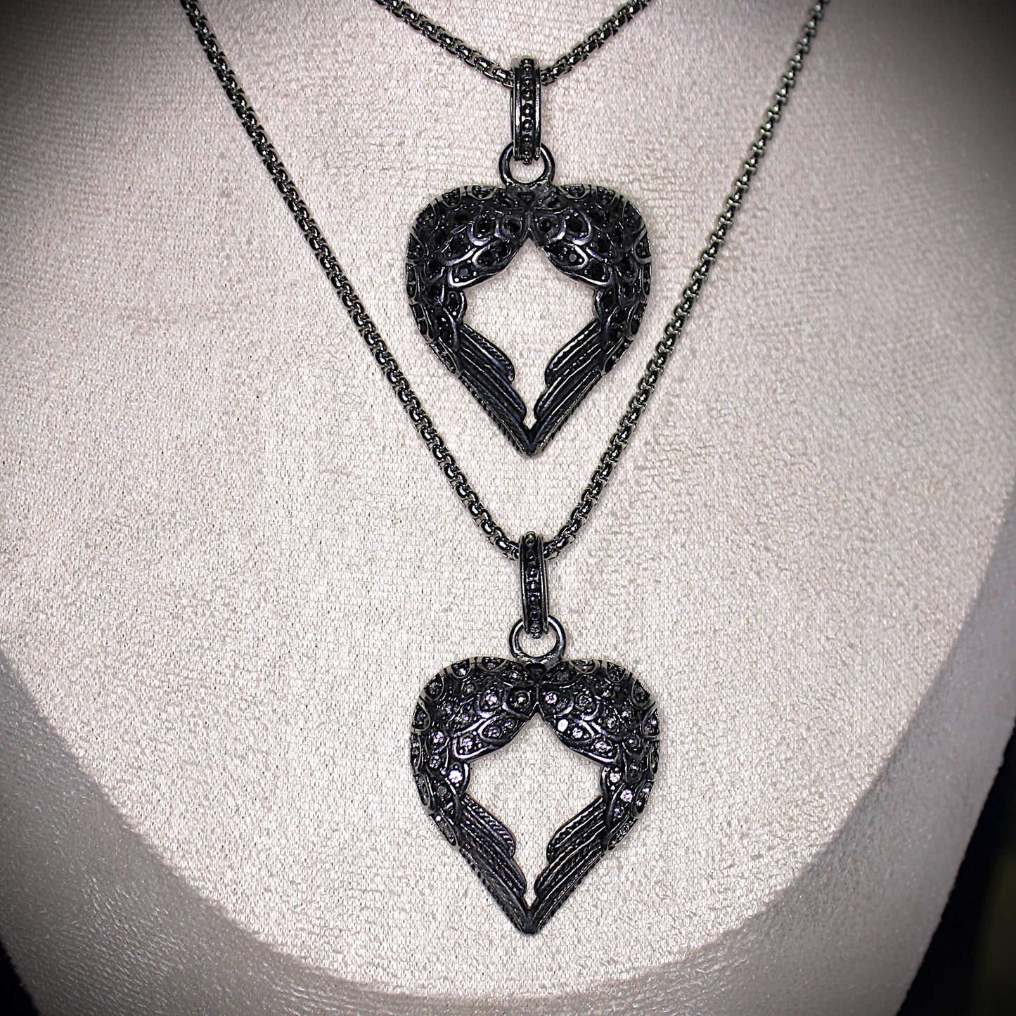 Winged Heart Necklace with Black or Clear Crystal Inlay image 4