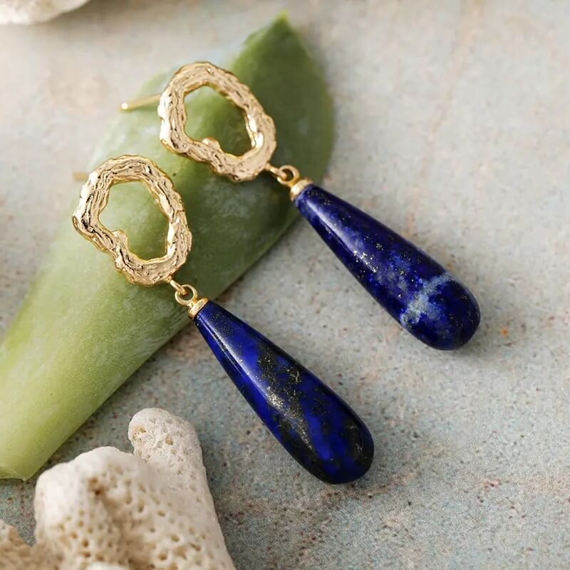 18k Gold-plated Natural Stone Teardrop Earrings: Lapis Lazuli, Jasper or Amazonite