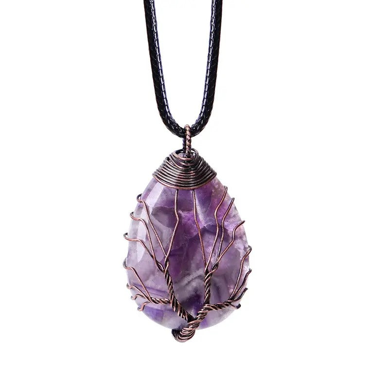 Tree of Life Silver Wire Wrapped Charm Necklace - Amethyst, Black Cord image