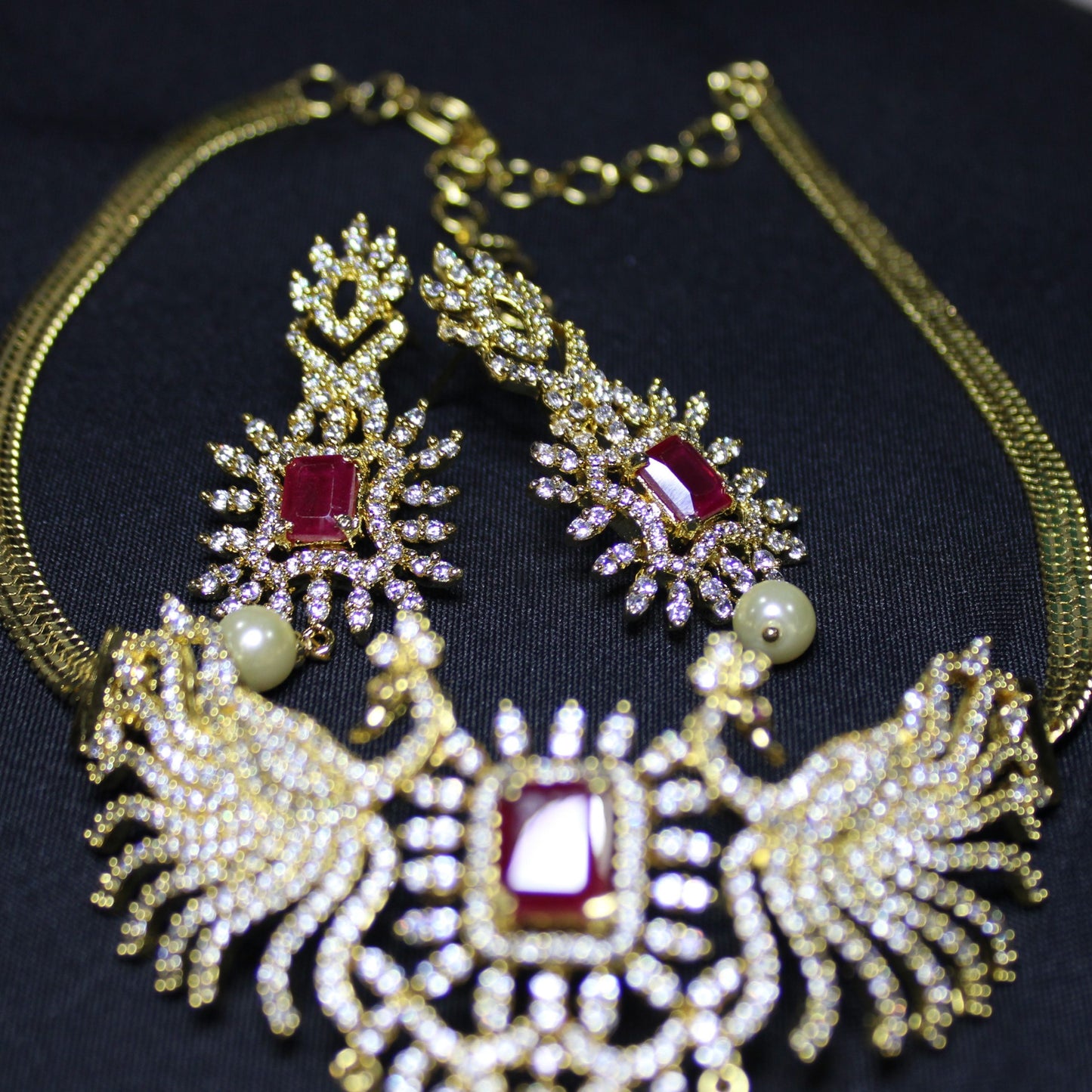 Ida: Solitaire Emerald Ruby with Diamond Pave and Cream Pearl Set image 2