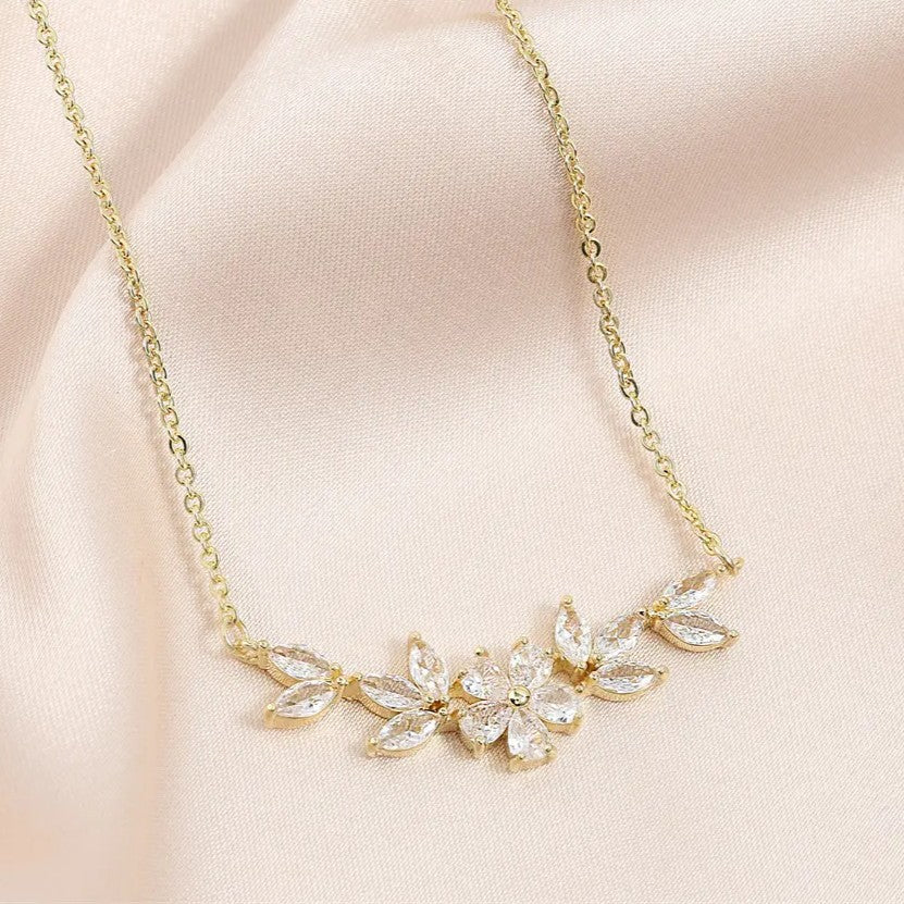 Flower Design Cubic Zirconia Gold Plated Necklace