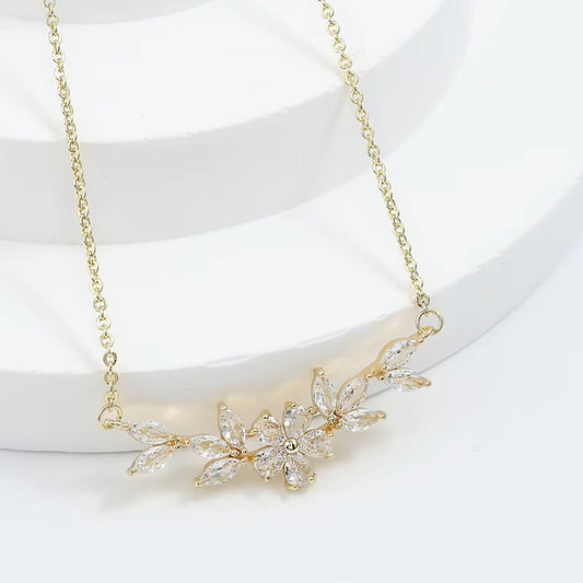 Flower Design Cubic Zirconia Gold Plated Necklace
