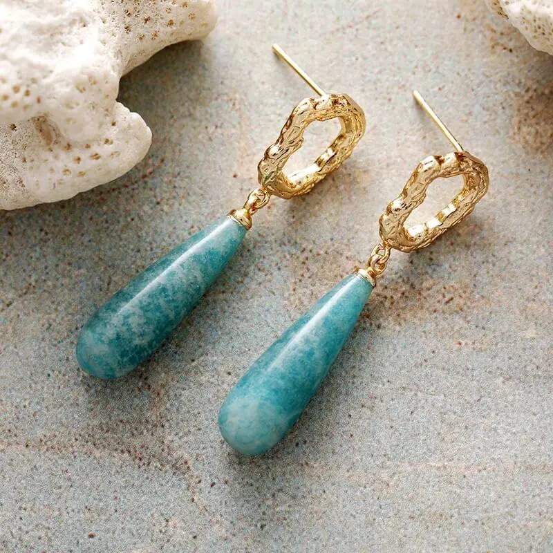18k Gold-plated Natural Stone Teardrop Earrings: Lapis Lazuli, Jasper or Amazonite