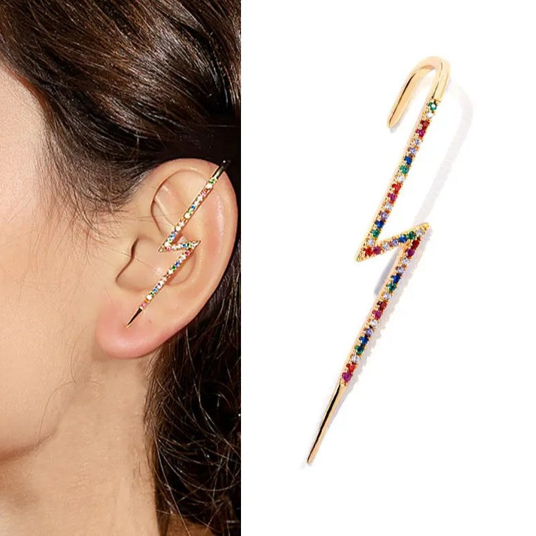 Lightening Bolt Earring (single) Gold Plated with Gemstone Pave (lab-created)