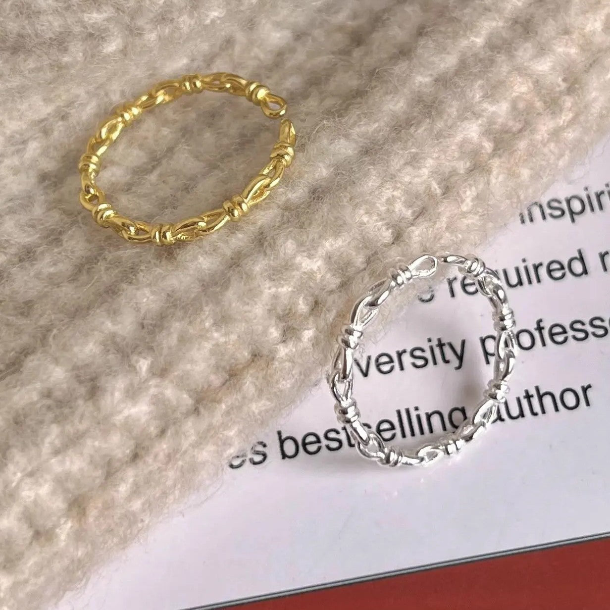 .925 Sterling Knot Link Ring in Yellow or White Gold Plating (stackable)
