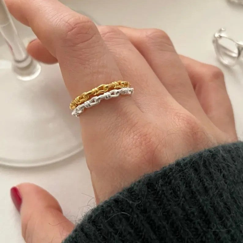 .925 Sterling Knot Link Ring in Yellow or White Gold Plating (stackable)
