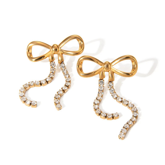 Gold-plated Bow Earrings with Crystal Ribbons
