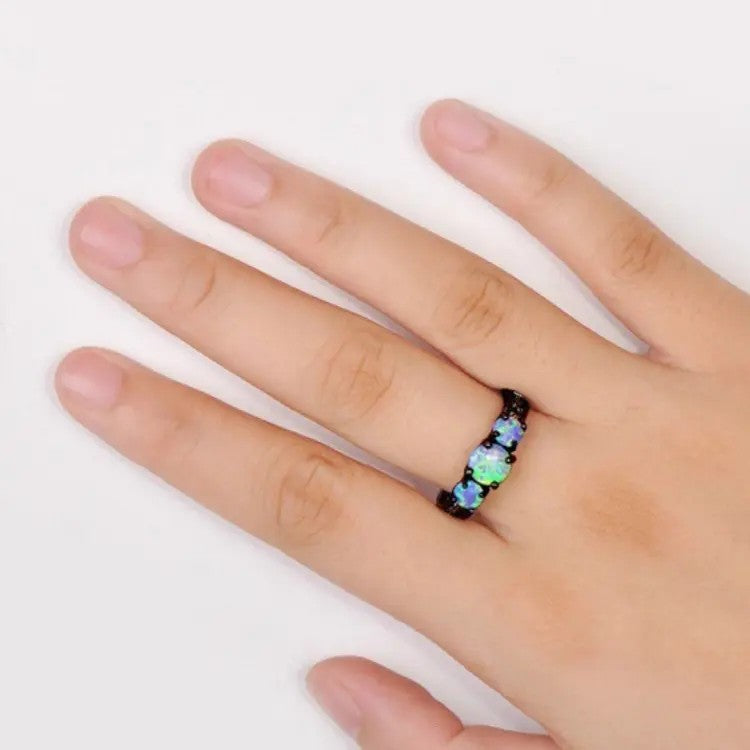 Gunmetal-plated Stainless Steel lab-created Blue Moonstone Ring with Pave Accents