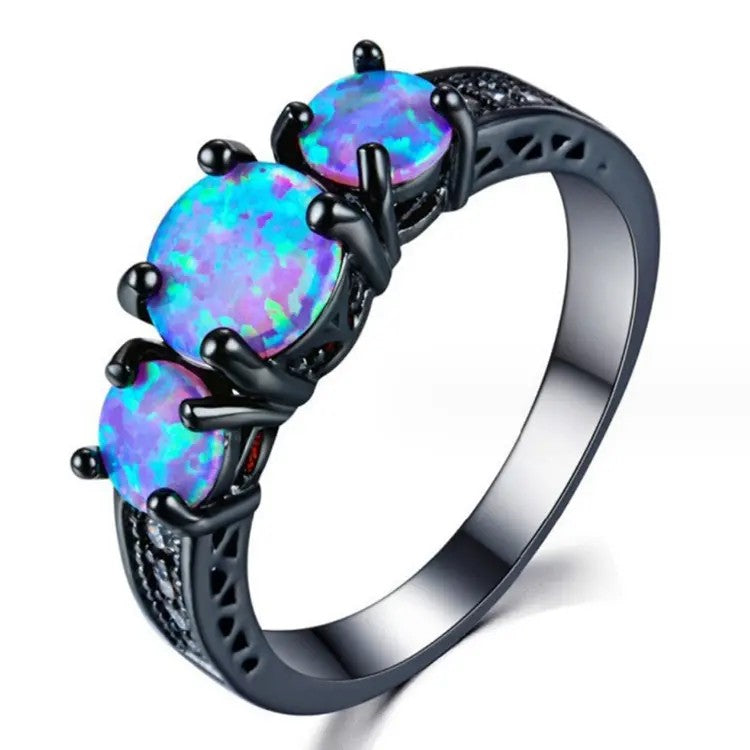 Gunmetal-plated Stainless Steel lab-created Blue Moonstone Ring with Pave Accents