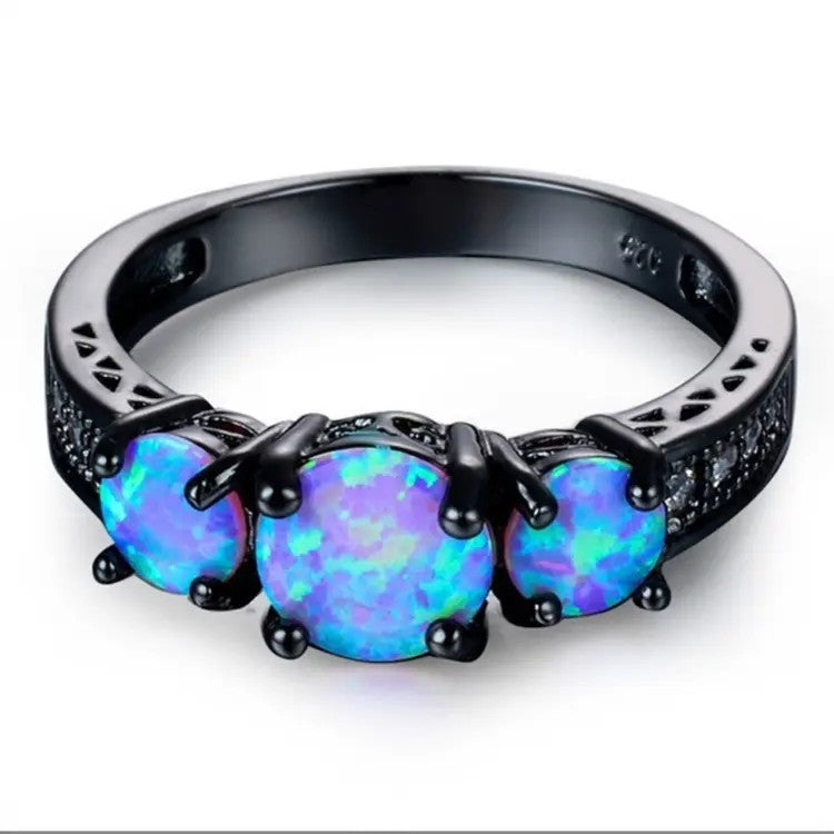 Gunmetal-plated Stainless Steel lab-created Blue Moonstone Ring with Pave Accents