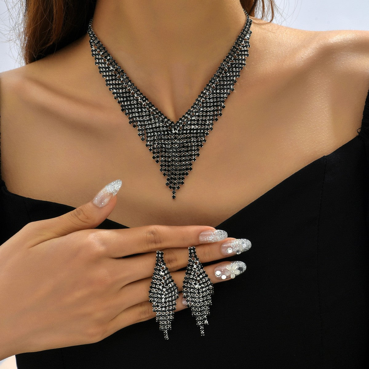 Amelia: Lab-created Black Diamond V Necklace and Earrings Set