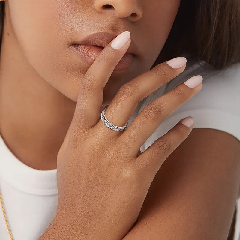 Silver-plated White Crystal Pave Braided Band Ring