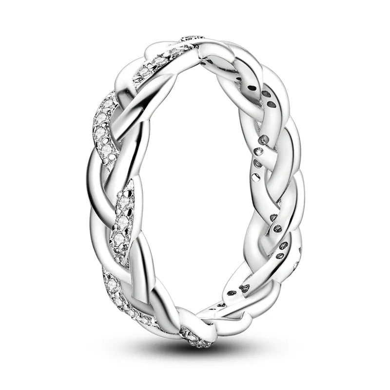 Silver-plated White Crystal Pave Braided Band Ring