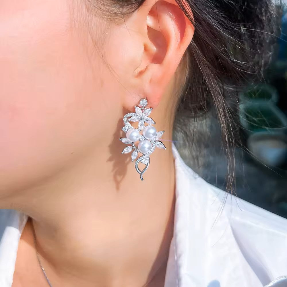 Round Pearl and Marquise Diamond (lab-created) Flower Trellis Earrings