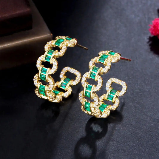 Gold-plated Cubic Zirconia Emerald and Diamond Hoop Earrings