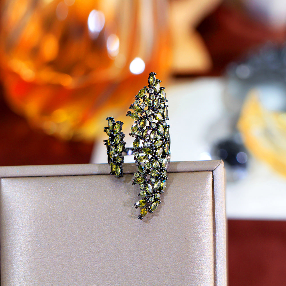 Gunmetal Plated Adjustable Olive Peridot Cubic Zirconia Dinner Ring