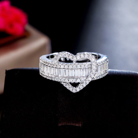 18k White Gold-plated Baguette Cubic Zirconia Adjustable Heart Ring