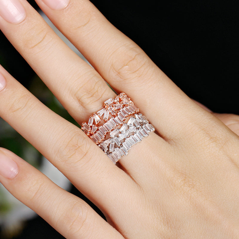 18k Gold-Plated Baguette Cubic Zirconia adjustable Ring in Rose or White Gold