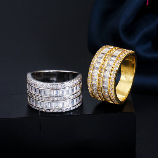 18k Gold-Plated Emerald Cut Channel Set Cubic Zirconia Band Ring in White or Yellow Gold