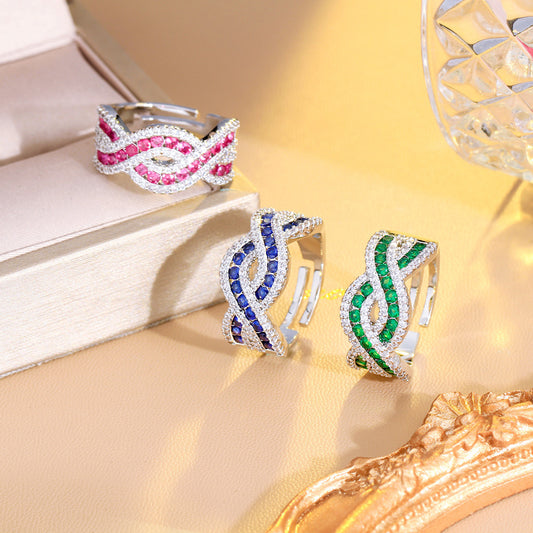 18k White Gold-Plated Twisted Adjustable Ring with Pave and Colored Cubic Zirconia *** Red, Blue or Green ***