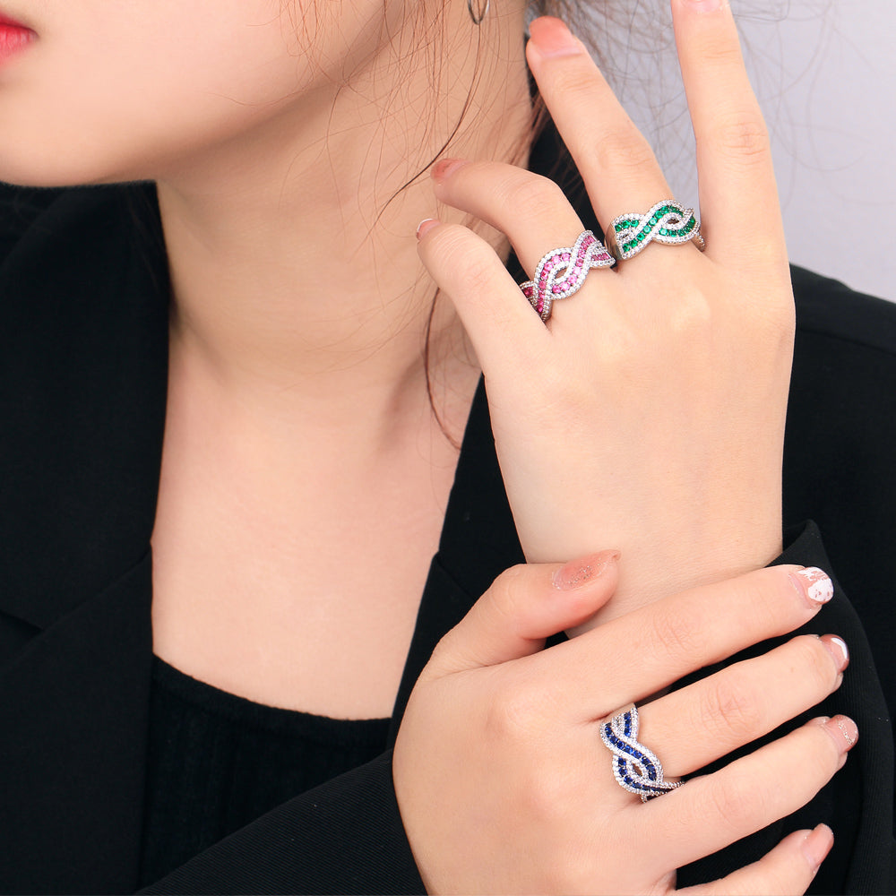 18k White Gold-Plated Twisted Adjustable Ring with Pave and Colored Cubic Zirconia *** Red, Blue or Green ***