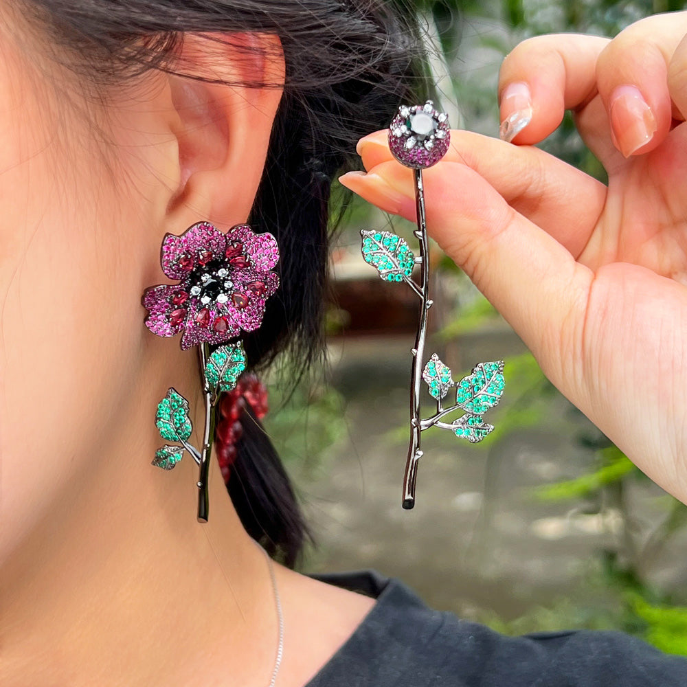 18k Gold-plated Red and Green Pave Cubic Zirconia 4-Piece Flower Earrings