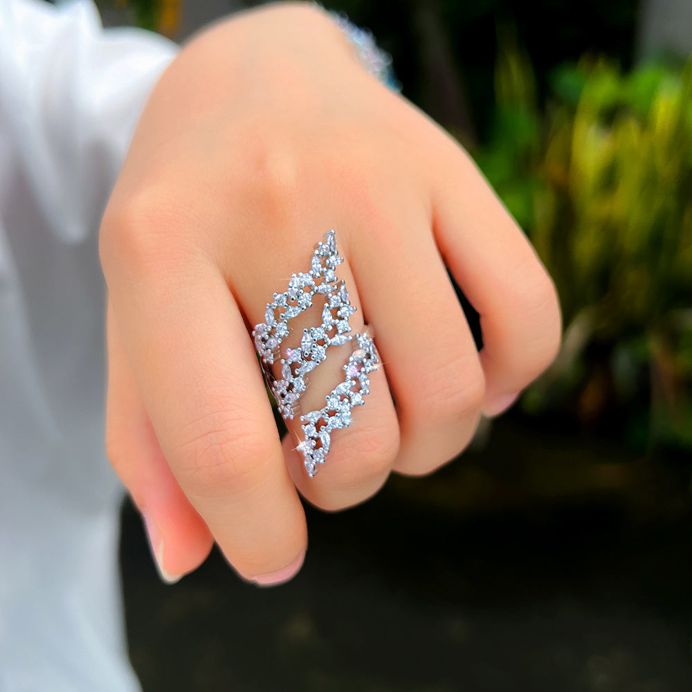 18k White Gold-plated Marquise and Round Cubic Zirconia Adjustable Cocktail Style Ring