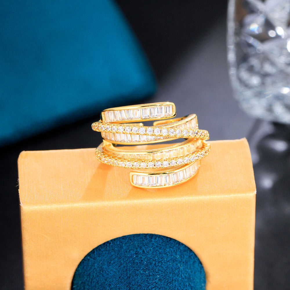 18k Gold-Plated Adjustable Clear Cubic Zirconia Baguette & Pave Ring