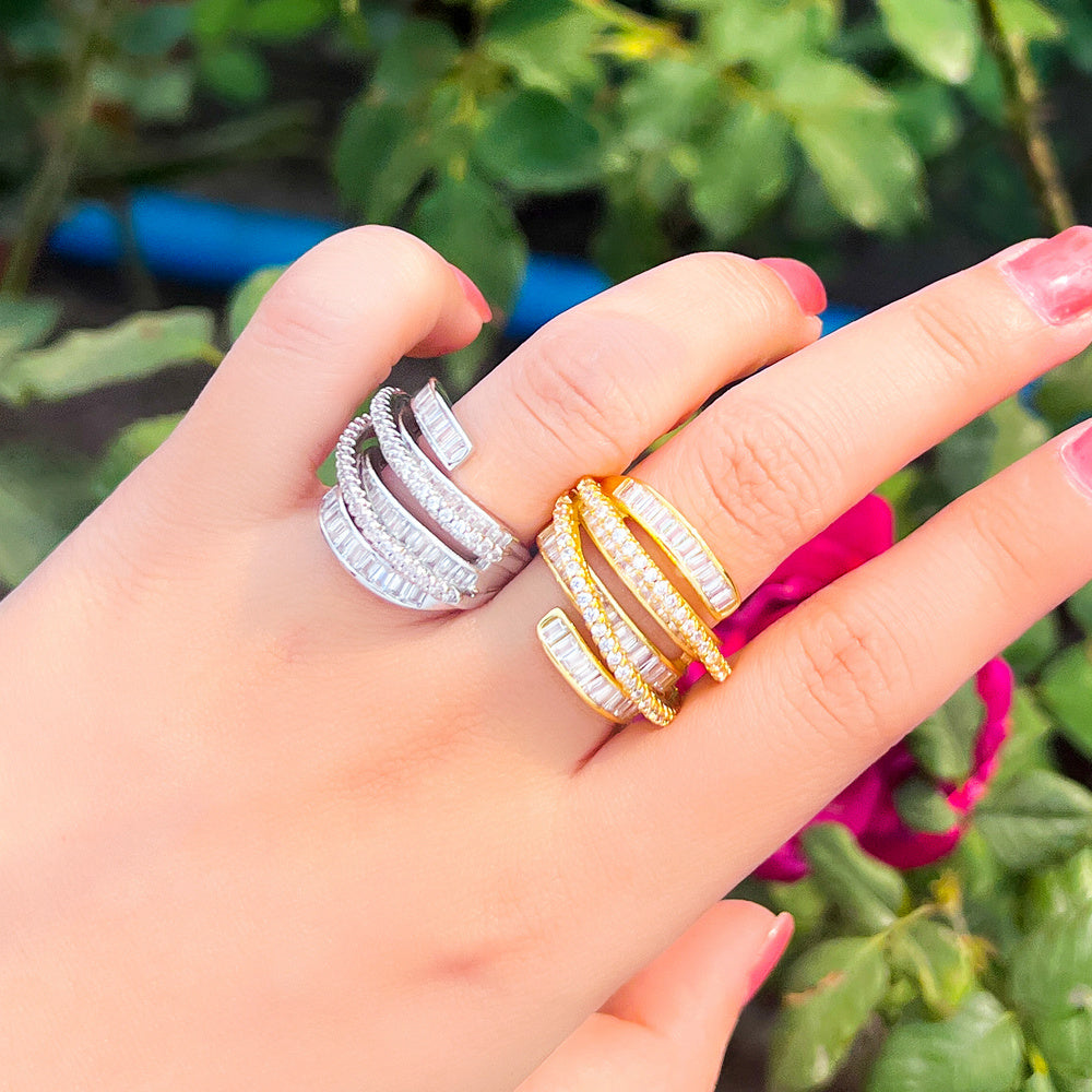 18k Gold-Plated Adjustable Clear Cubic Zirconia Baguette & Pave Ring