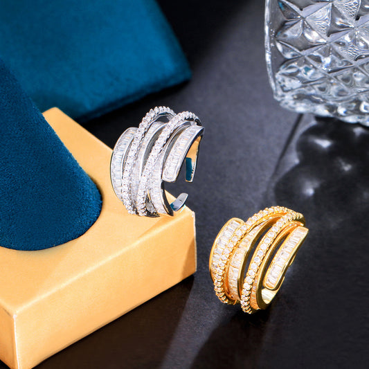 18k Gold-Plated Adjustable Clear Cubic Zirconia Baguette & Pave Ring