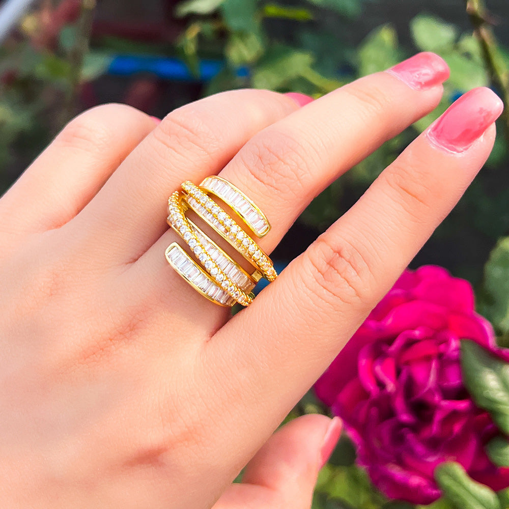 18k Gold-Plated Adjustable Clear Cubic Zirconia Baguette & Pave Ring