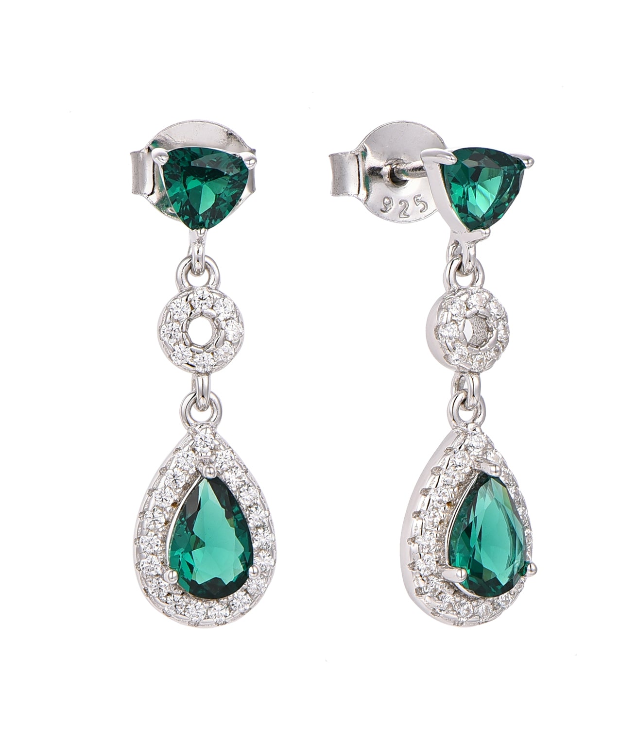 Aurora: Rhodium-plated .925 Sterling lab-created Emerald Teardrop and Diamond Earrings