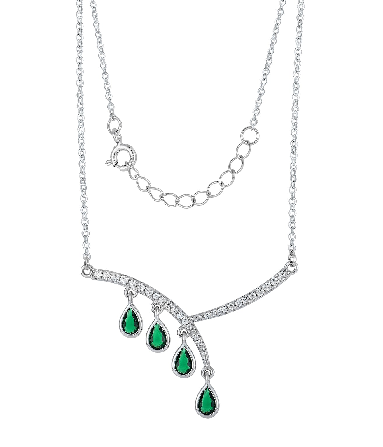 Aurora: Rhodium-plated .925 Sterling lab-created Emerald Teardrop and Diamond Earrings