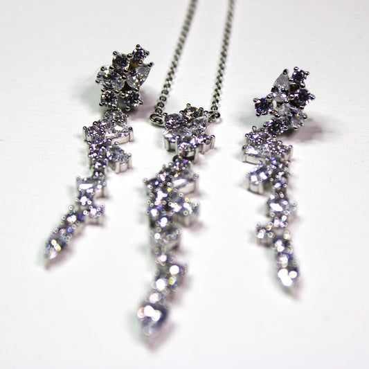 Angela: Rhodium-plated .925 Sterling lab-created Round and Pear Diamond Cluster Drop Set