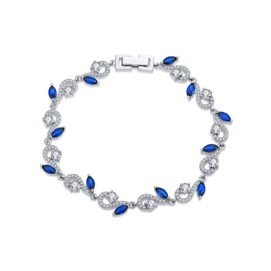 Grace: Rhodium-plated .925 Sterling Round Clear Cubic Zirconia and Marquise Sapphire Cubic Zirconia Bracelet
