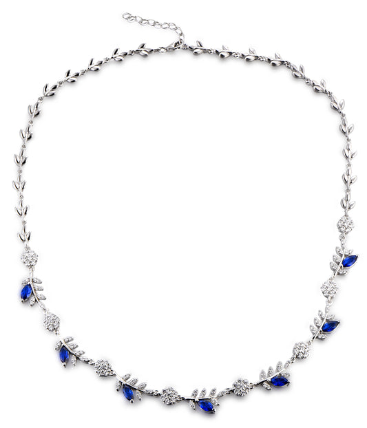 Grace: Rhodium-plated .925 Sterling Round Clear Cubic Zirconia and Marquise Sapphire Cubic Zirconia Necklace