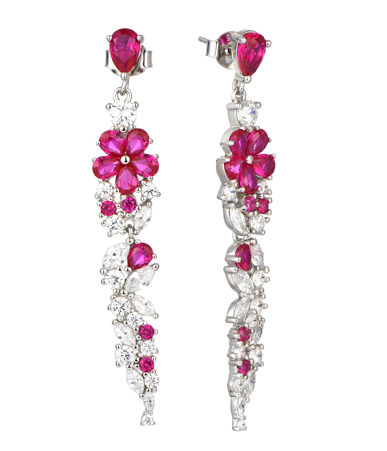 Cassandra: Rhodium-plated .925 Sterling Round Diamond and Teardrop Ruby Necklace and Earrings (Set)