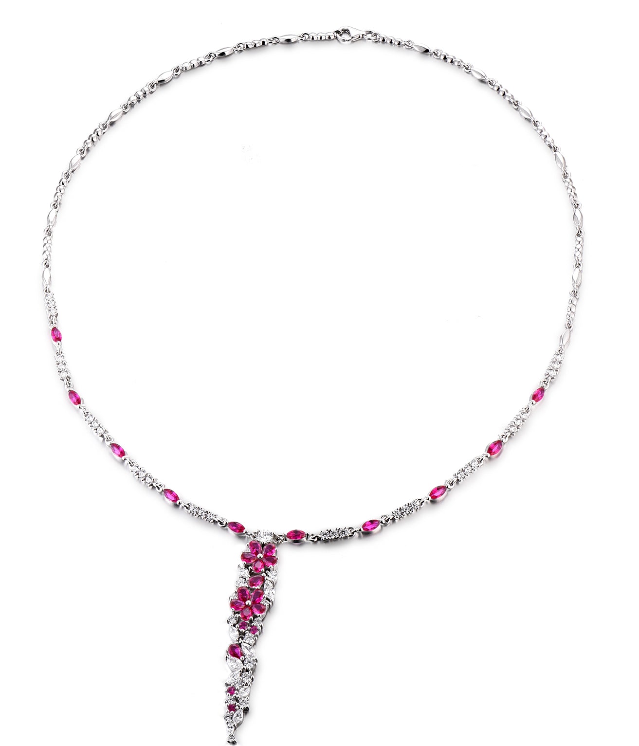 Cassandra: Rhodium-plated .925 Sterling Round Diamond and Teardrop Ruby Necklace and Earrings (Set)
