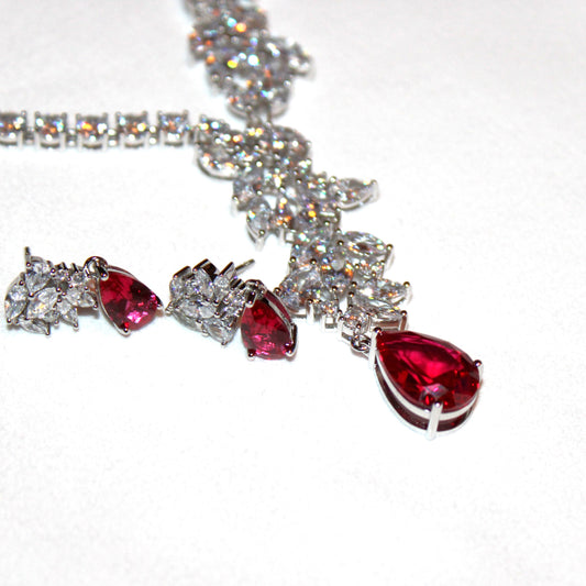 Theresa: Rhodium-plated .925 Sterling Marquise diamonds with teardrop ruby Necklace and Earrings Set