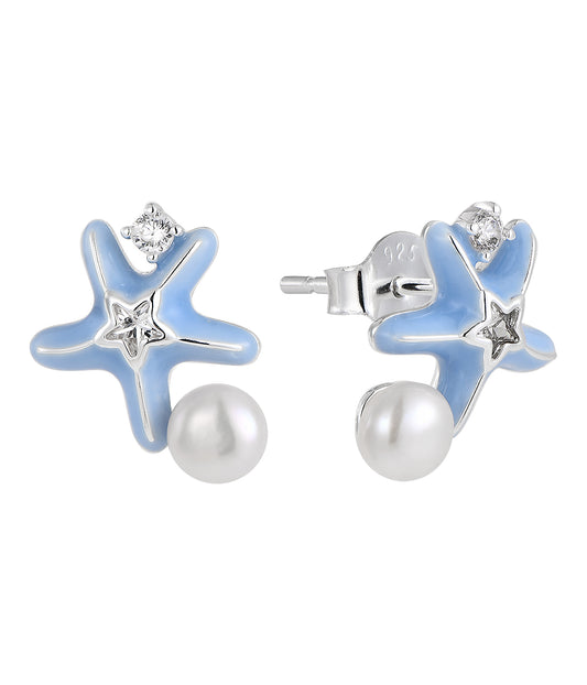 Rhodium-plated .925 Sterling Blue Enamaled Starfish with lab-created Pearl and Diamond Accent Earrings