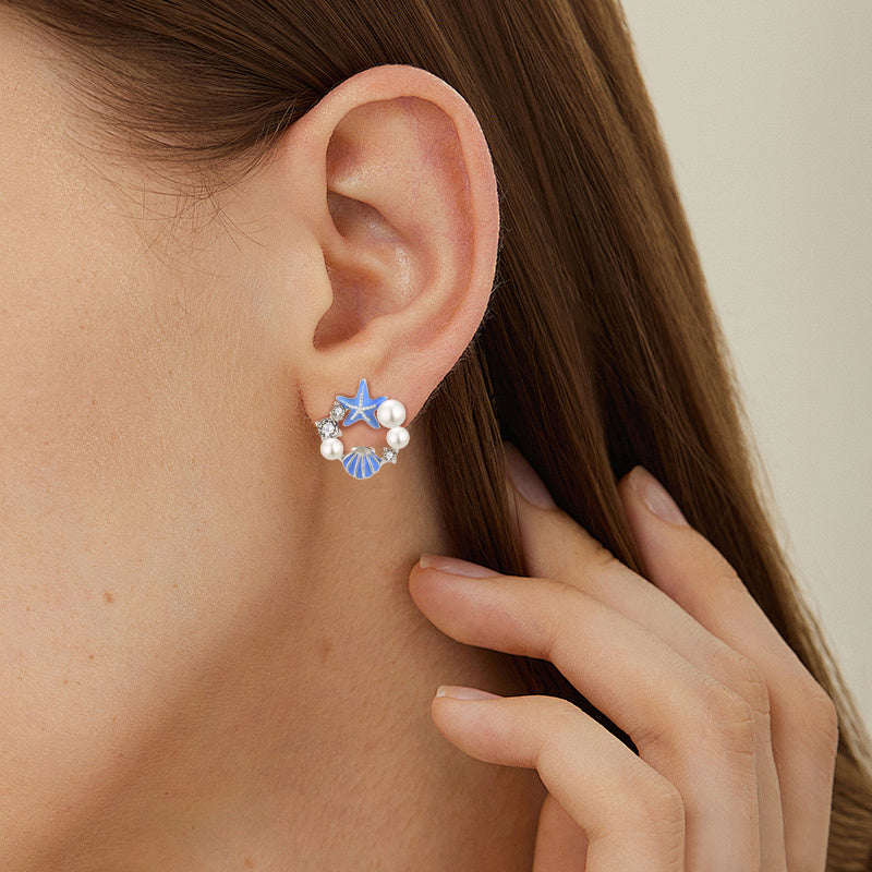 Rhodium-plated .925 Sterling Blue Enamaled Starfish and Shell with lab-created Gemstone Earrings
