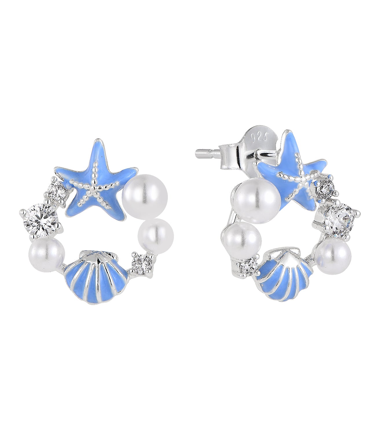 Rhodium-plated .925 Sterling Blue Enamaled Starfish and Shell with lab-created Gemstone Earrings